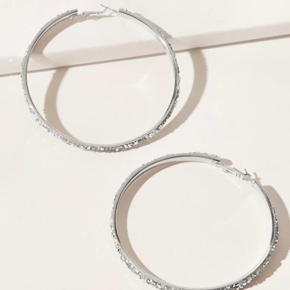 Silver Rhinestone Decor Hoop Earrings - Picture 2 of 3